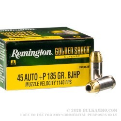 20 Rounds of .45 ACP +P Ammo by Remington Golden Saber Defense - 185gr BJHP