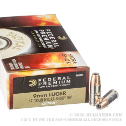 1000 Rounds of 9mm Ammo by Federal LE Hydra Shok - 147gr JHP 1000 Rounds of 9mm Ammo by Federal LE Hydra Shok - 147gr JHP
