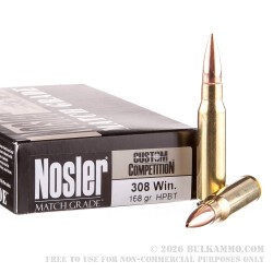 20 Rounds of .308 Win Ammo by Nosler Match Grade - 168gr HPBT