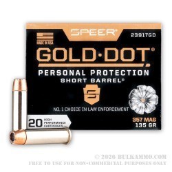 200 Rounds of .357 Mag Ammo by Speer Gold Dot Short Barrel - 135gr JHP