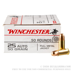500 Rounds of .25 ACP Ammo by Winchester USA - 50gr FMJ