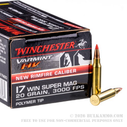 500 Rounds of .17 WSM Ammo by Winchester Varmint HV - 20gr Polymer Tipped