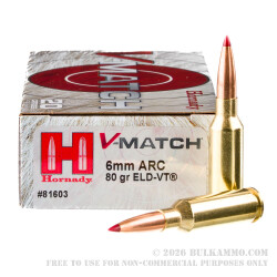 20 Rounds of 6mm ARC Ammo by Hornady V-Match - 80gr ELD-VT
