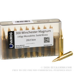 20 Rounds of .300 Win Mag Ammo by Vairog - 190gr Solid Brass