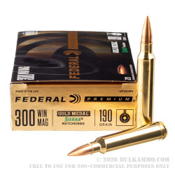 20 Rounds of .300 Win Mag Ammo by Federal - 190gr Sierra Matchking HPBT 