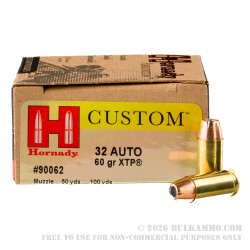 250 Rounds of .32 ACP Ammo by Hornady Custom - 60gr JHP XTP