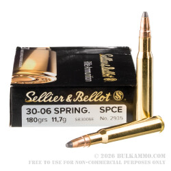 20 Rounds of 30-06 Springfield Ammo by Sellier & Bellot - 180gr SPCE