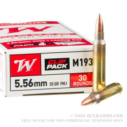 30 Rounds of 5.56x45 Ammo by Winchester - 55gr FMJ M193 on Stripper Clips With Loader 30 Rounds of 5.56x45 Ammo by Winchester - 55gr FMJ M193 on Stripper Clips With Loader
