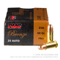 1000 Rounds of .25 ACP Ammo by PMC - 50gr FMJ