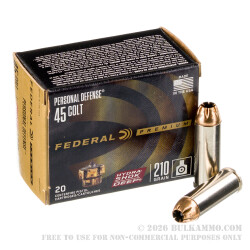 20 Rounds of .45 Long-Colt Ammo by Federal Personal Defense Hydra-Shok Deep - 210gr JHP