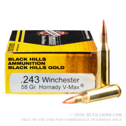 20 Rounds of .243 Win Ammo by Black Hills Gold - 58gr V-MAX