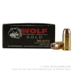 380 Auto 94 gr JHP Wolf Gold Ammo For Sale!
