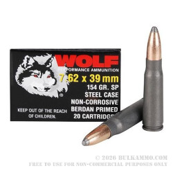 1000 Rounds of 7.62x39mm Ammo by Wolf - 154gr SP