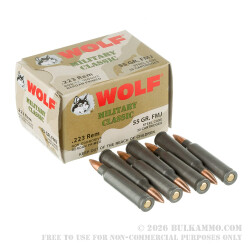 1000 Rounds of .223 Ammo by Wolf Military Classic - 55gr FMJ 1000 Rounds of .223 Ammo by Wolf Military Classic - 55gr FMJ