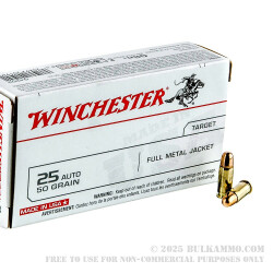 50 Rounds of .25 ACP Ammo by Winchester - 50gr FMJ