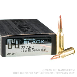 20 Rounds of .22 ARC Ammo by Hornady BLACK- 75gr ELD Match