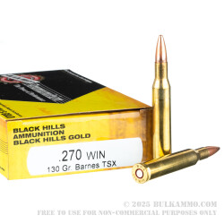 20 Rounds of .270 Win Ammo by Black Hills Gold - 130gr TSX