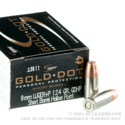 20 Rounds of 9mm +P Ammo by Speer Gold Dot Short Barrel - 124gr JHP