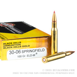 20 Rounds of 30-06 Springfield Ammo by Black Hills Gold - 168gr ELD Match