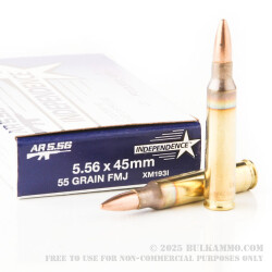 20 Rounds of 5.56x45mm Ammo by Independence - 55gr Full Metal Jacket - Boat Tail