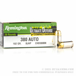 20 Rounds of .380 ACP Ammo by Remington Ultimate Defense - 102 gr BJHP