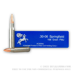 20 Rounds of 30-06 Springfield Ammo by Colt - 168gr FMJ