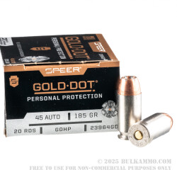 20 Rounds of .45 ACP Ammo by Speer - 185gr JHP