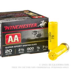 250 Rounds of 20ga Ammo by Winchester AA - 7/8 ounce #7 1/2 shot