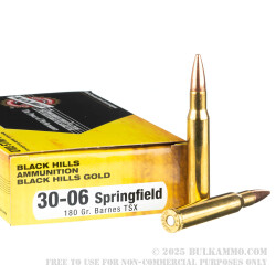 20 Rounds of 30-06 Springfield Ammo by Black Hills Gold - 180gr TSX