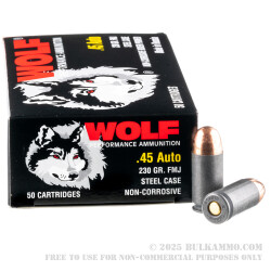 50  Rounds of .45 ACP Ammo by Wolf - 230gr FMJ