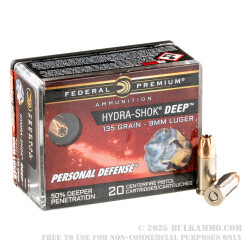 20 Rounds of 9mm Ammo by Federal Hydra-Shok Deep - 135gr JHP