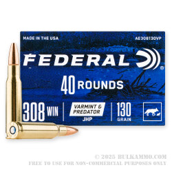 200 Rounds of .308 Win Ammo by Federal American Eagle Varmint & Predator - 130gr JHP