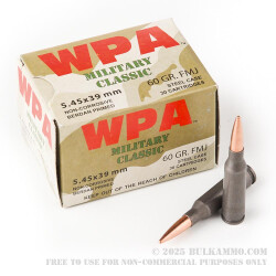 30 Rounds of 5.45x39mm Ammo by Wolf WPA Military Classic - 60gr FMJ