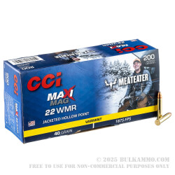 200 Rounds of .22 WMR Ammo by CCI Maxi-Mag MeatEater - 40gr JHP