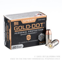 200 Rounds of .45 ACP Ammo by Speer Gold Dot Short Barrel - 230gr JHP