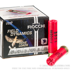 250 Rounds of 28ga Ammo by Fiocchi Dove Loads - 3/4 ounce #8 shot