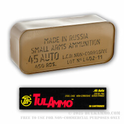 450 Rounds in Spam Can of .45 ACP Ammo by Tula - 230gr FMJ