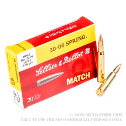 20 Rounds of 30-06 Springfield Ammo by Sellier & Bellot - 168gr HPBT