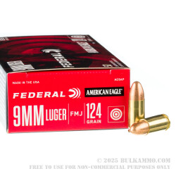 1000 Rounds of 9mm Ammo by Federal American Eagle - 124gr FMJ