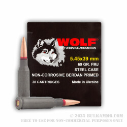 30 Rounds of 5.45x39mm Ammo by Wolf Ukraine - 69gr FMJ