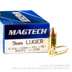 1000 Rounds of 9mm Ammo by Magtech - 124gr FMJ