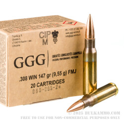 20 Rounds of .308 Win Ammo by GGG - 147gr FMJ