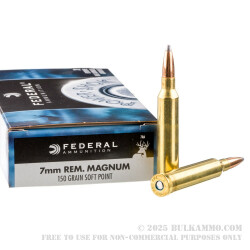 20 Rounds of 7 mm Rem Mag Ammo by Federal - 150gr SP