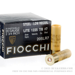 250 Rounds of 20ga Low Recoil Ammo by Fiocchi - 7/8 ounce #7 Shot (Steel)