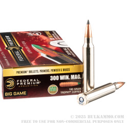 20 Rounds of .300 Win Mag Ammo by Federal Vital-Shok - 180gr Trophy Copper Polymer Tipped