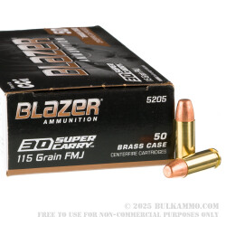 50 Rounds of .30 Super Carry Ammo by Blazer Brass - 115gr FMJ