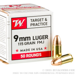 50 Rounds of 9mm Ammo by Winchester - 115gr FMJ