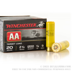 250 Rounds of 20ga Ammo by Winchester AA - 2-3/4" 7/8 ounce #9 shot