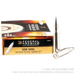 20 Rounds of .308 Win Ammo by Federal LE - 168gr Tactical Bonded Tip ***FACTORY SECONDS***