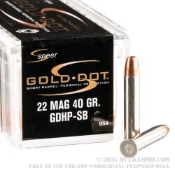 500 Rounds of .22 WMR Ammo by Speer Gold Dot Short Barrel - 40gr JHP 500 Rounds of .22 WMR Ammo by Speer Gold Dot Short Barrel - 40gr JHP